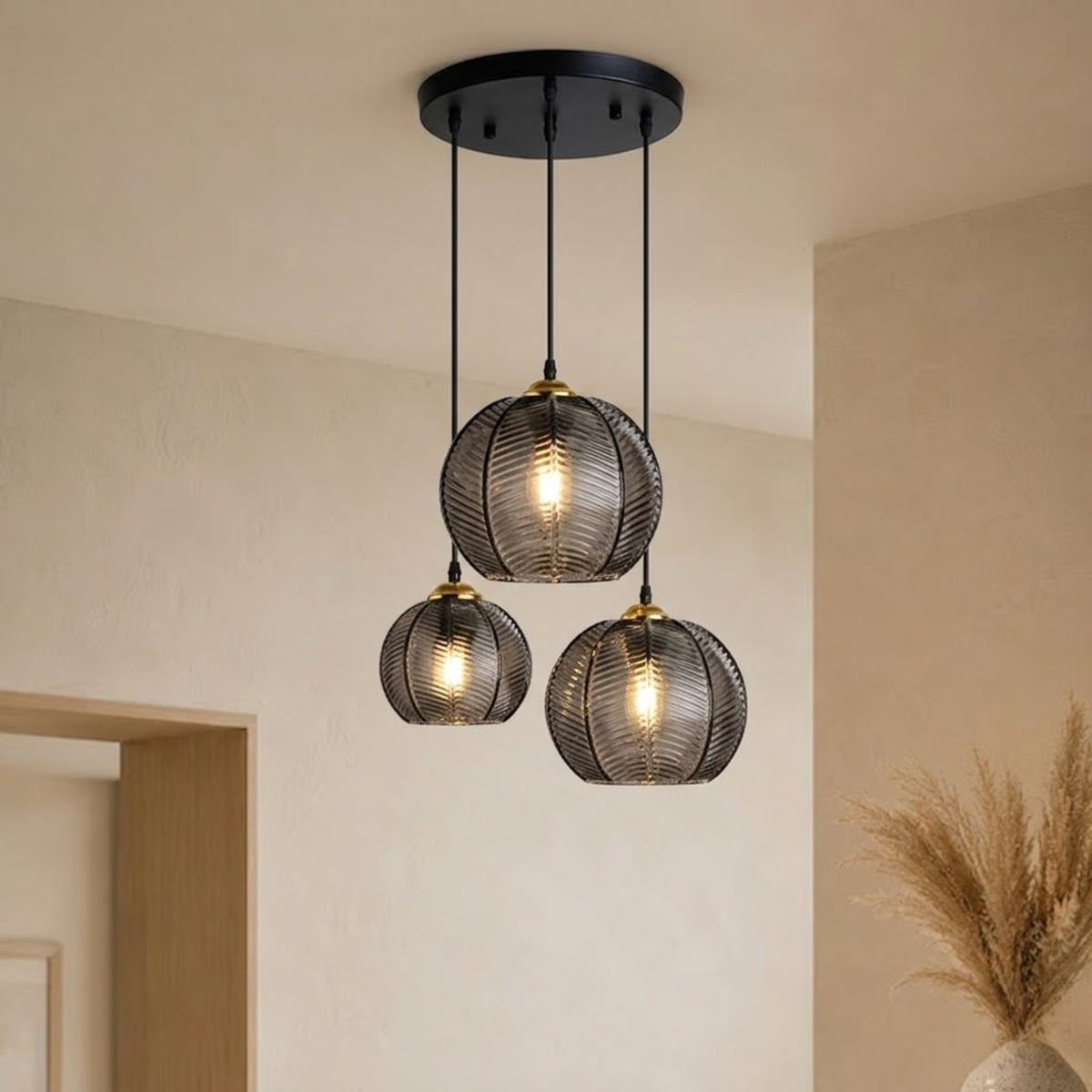 Ribbed Tinted Glass Globe Pendant Light in Amber Green or Smoke Grey