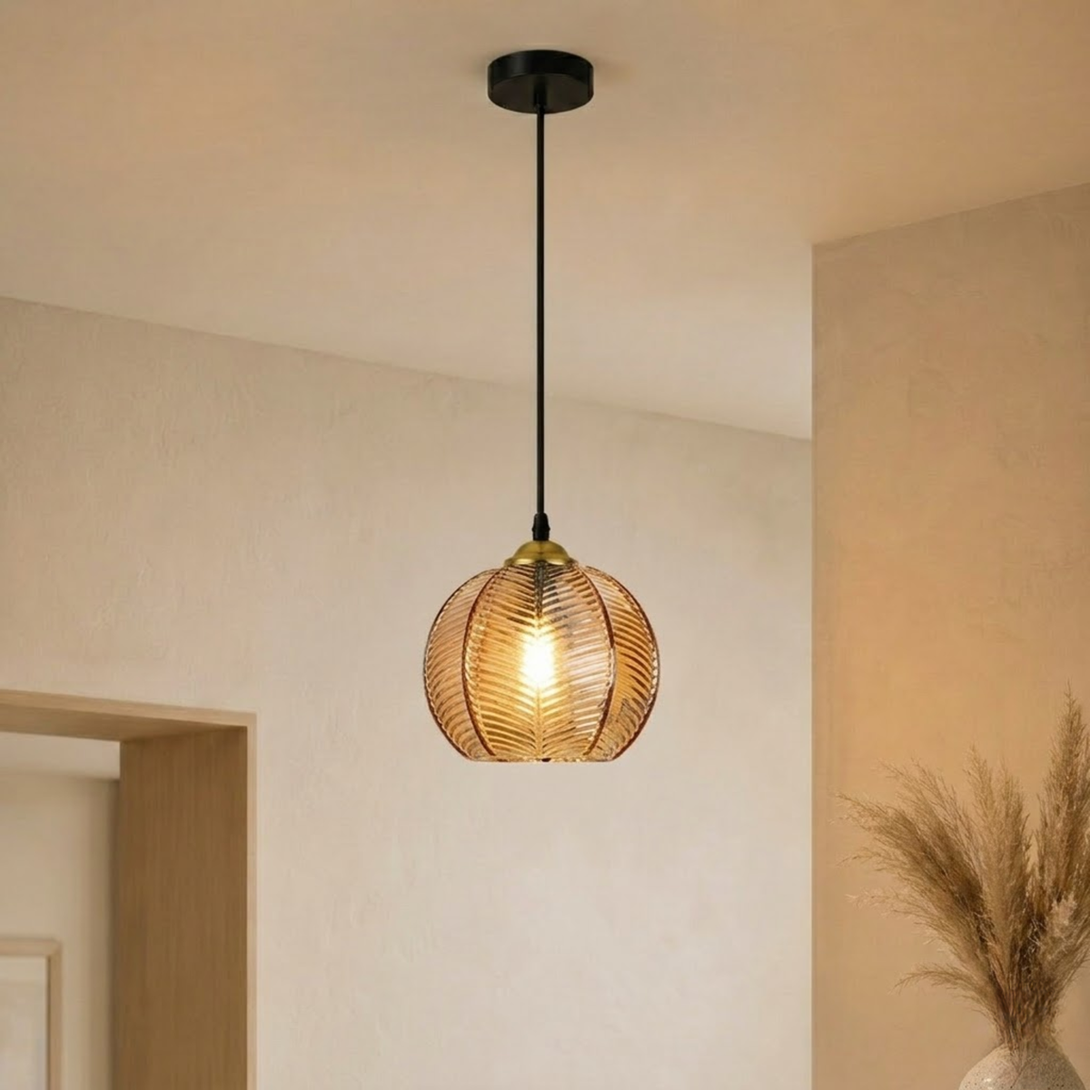 Ribbed Tinted Glass Globe Pendant Light in Amber Green or Smoke Grey
