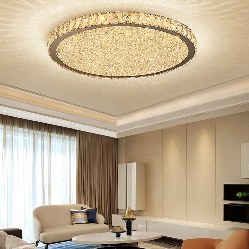 Round Crystal Flush Mount Ceiling Light Gold Faceted LED Bedroom Living Room