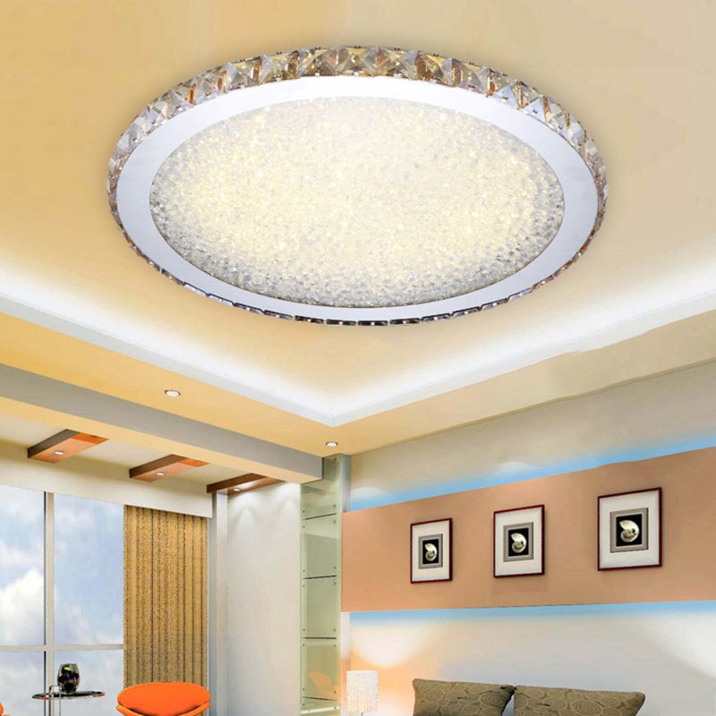 Round Crystal Flush Mount Ceiling Light Gold Faceted LED Bedroom Living Room