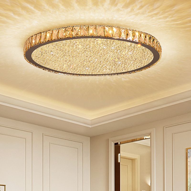 Round Crystal Flush Mount Ceiling Light Gold Faceted LED Bedroom Living Room