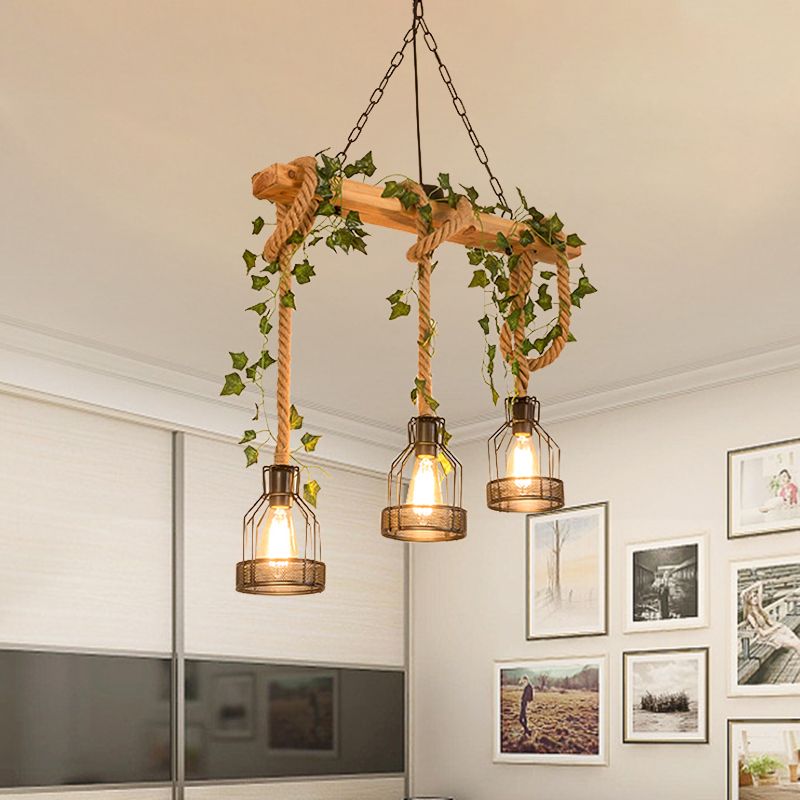 Rustic Vintage Farmhouse Wooden Beam Pendant Light With Caged Metal Lantern Shades