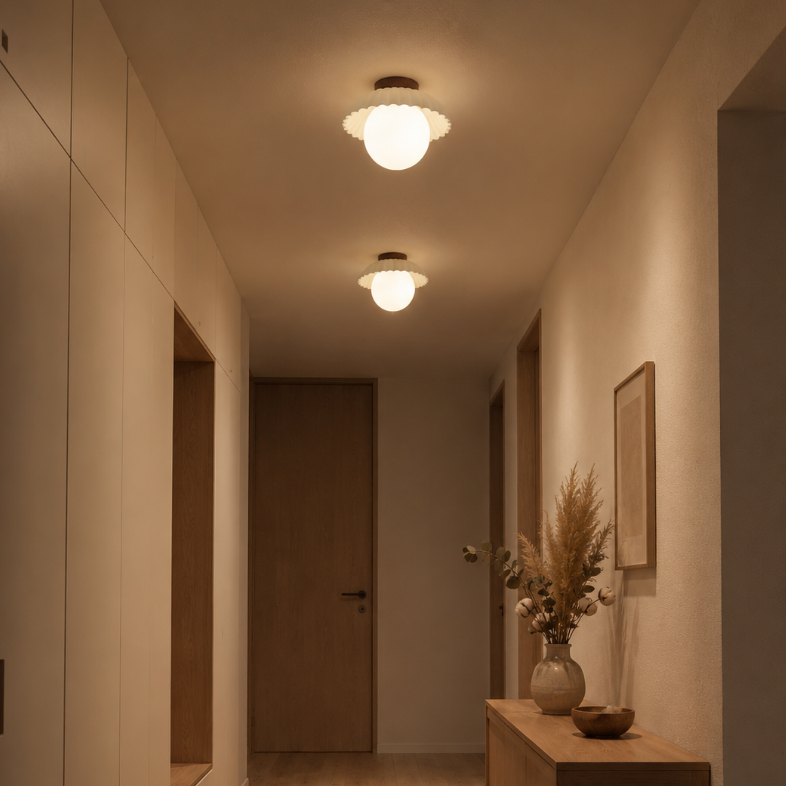 Scalloped Iron and Opal Glass Flush Mount Ceiling Light