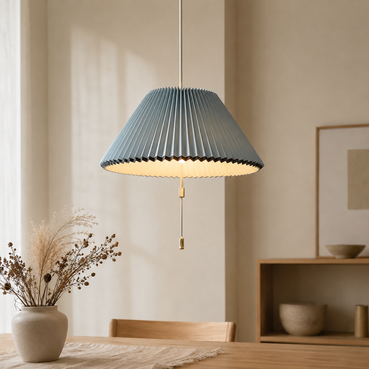 Scandi Pleated Lampshade Pendant Light Extendable LED Fabric Ceiling Light