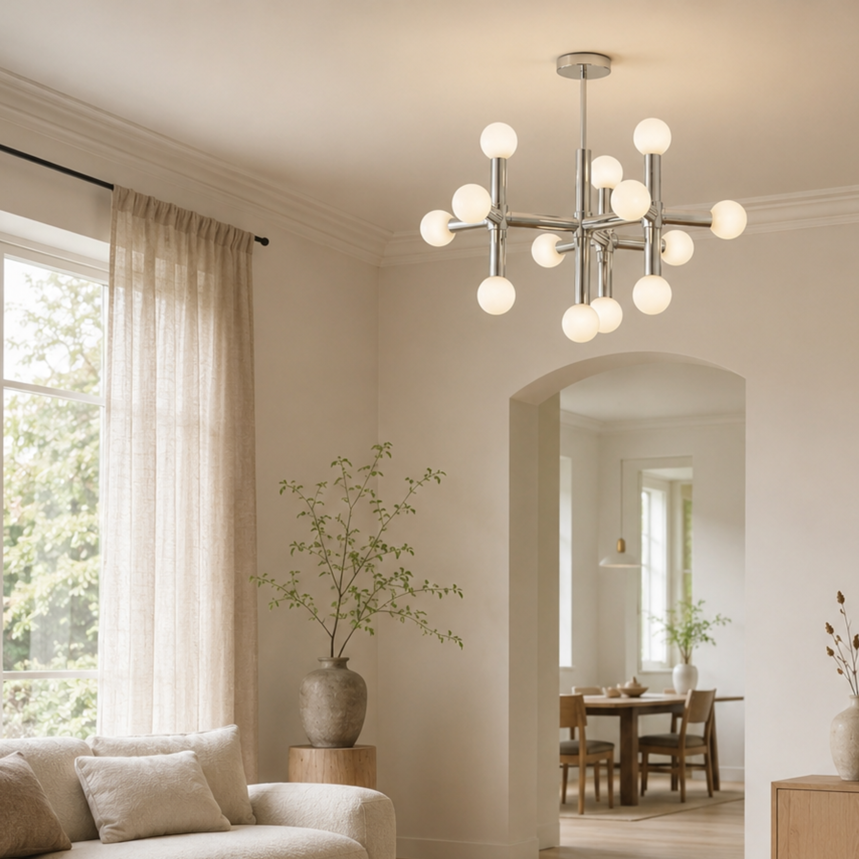 Scandinavian Chrome Multi Arm Opal Globe LED Ceiling Light