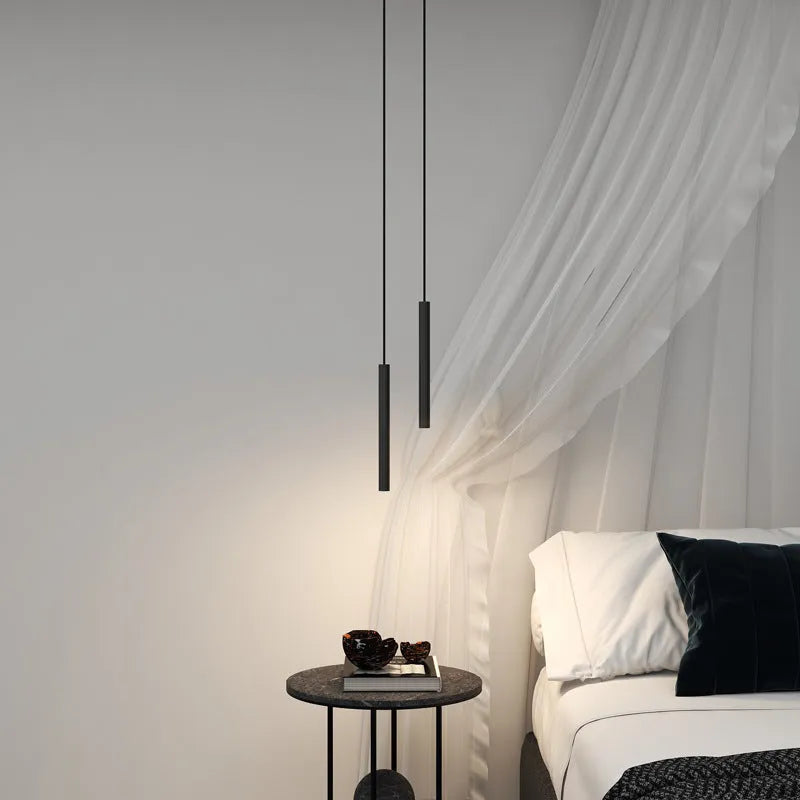Slim Black Metal Cylinder Tube Pendant Light Minimalist Modern LED