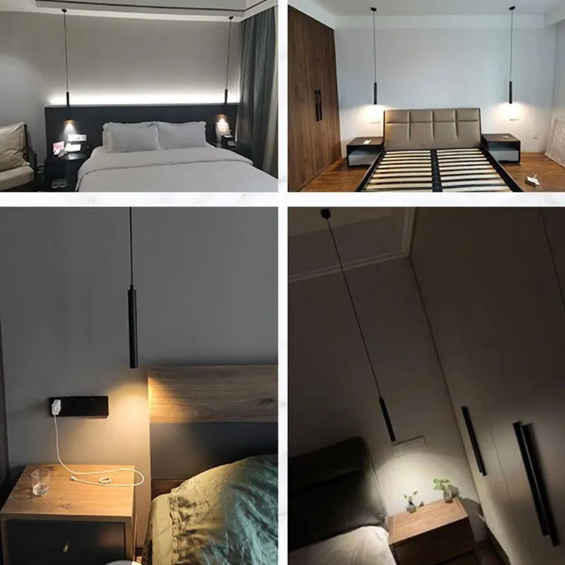 Slim Black Metal Cylinder Tube Pendant Light Minimalist Modern LED