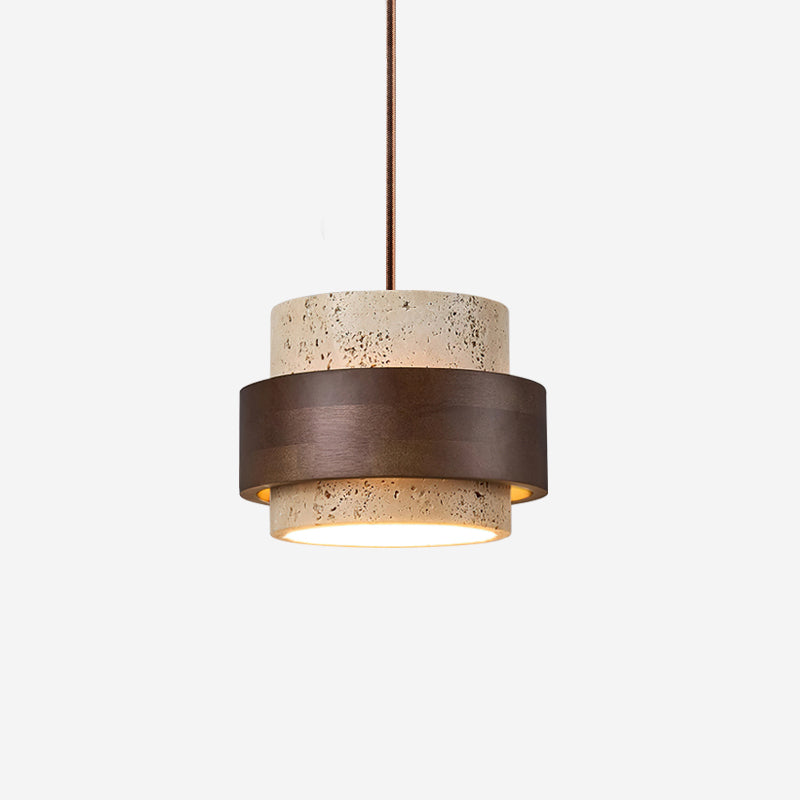Travertine And Walnut Wood Drum Pendant Light Japandi