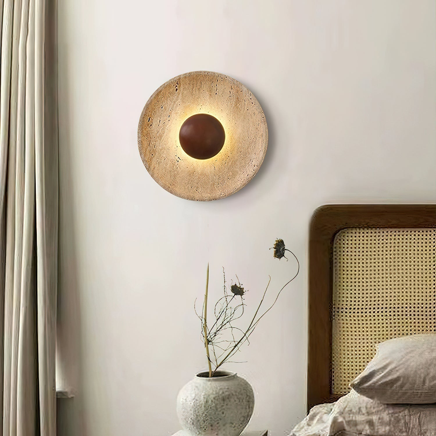 Travertine Round Disc Wall Light Wood Sphere Modern Sconce