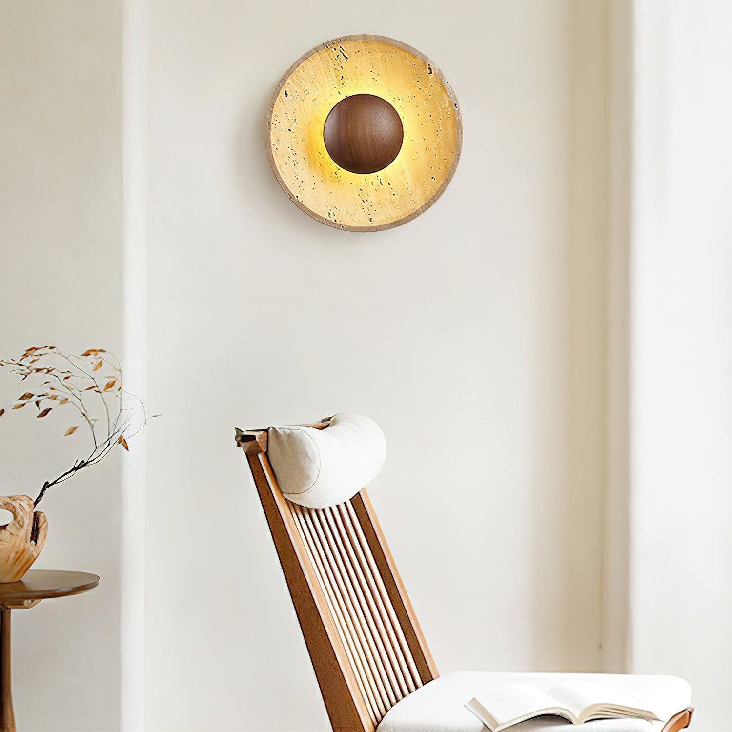 Travertine Round Disc Wall Light Wood Sphere Modern Sconce