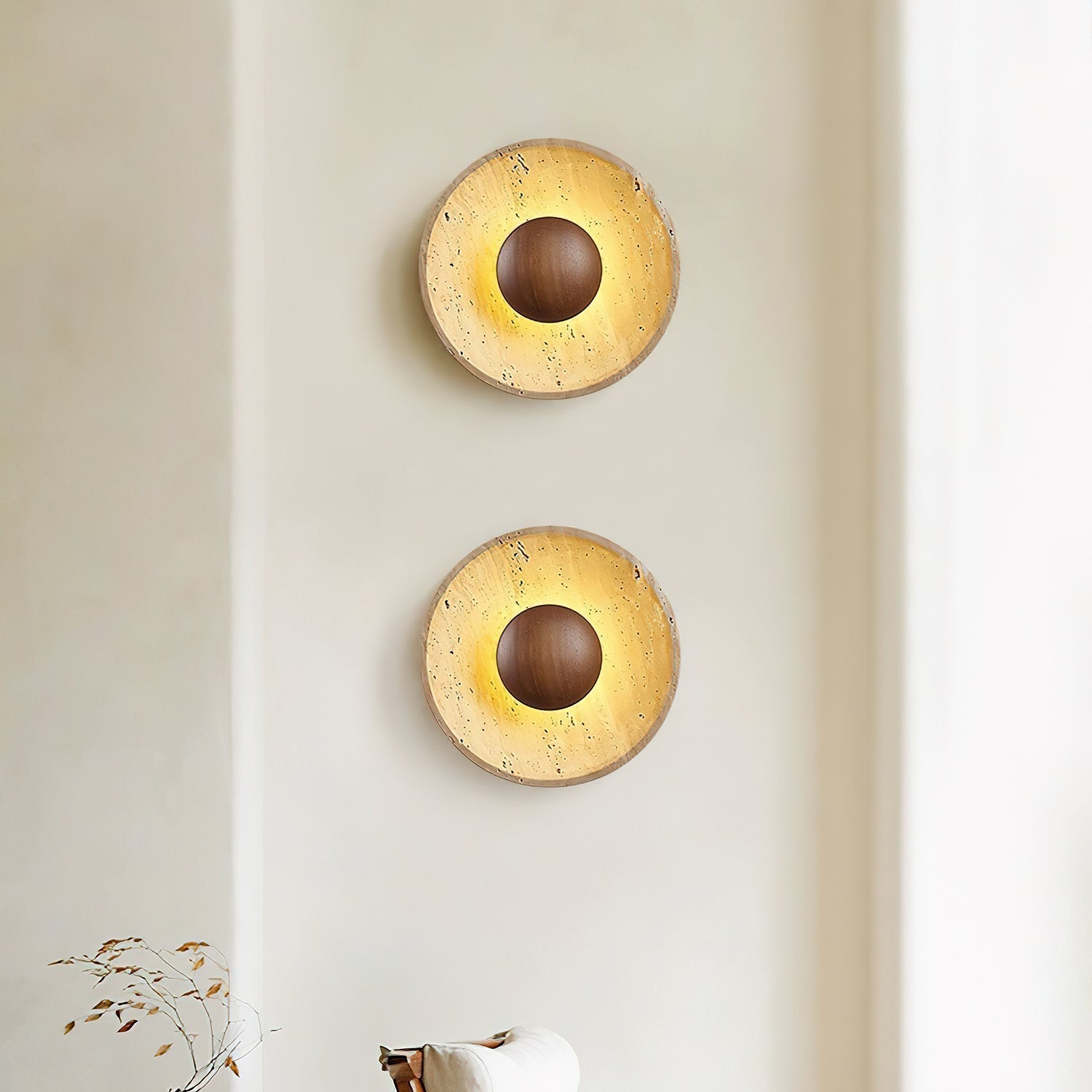 Travertine Round Disc Wall Light Wood Sphere Modern Sconce