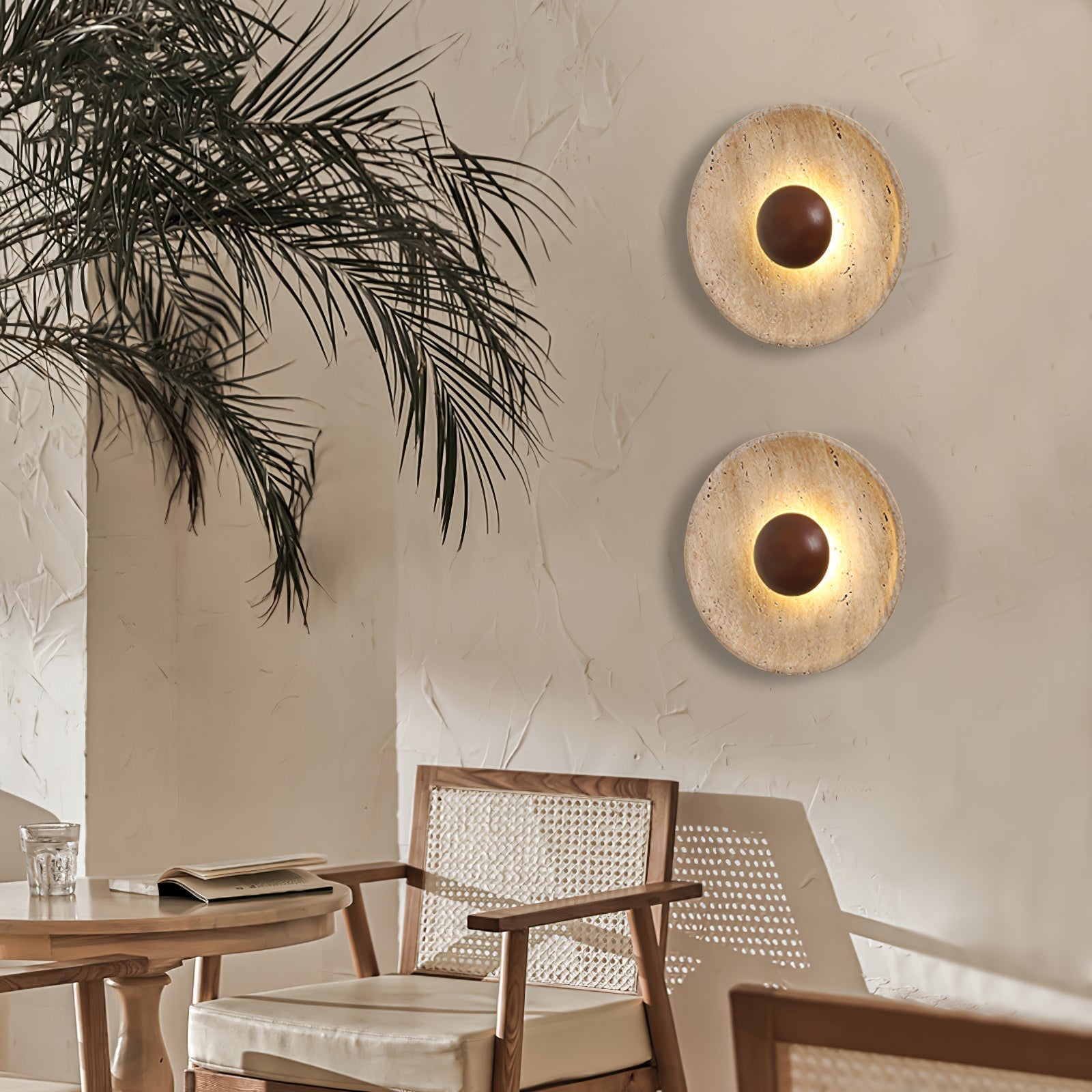 Travertine Round Disc Wall Light Wood Sphere Modern Sconce