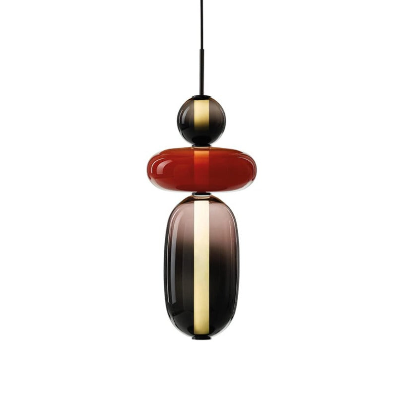 Two Tone Glass Pebble Pendant Light Amber Cream Stacked Shades Brass