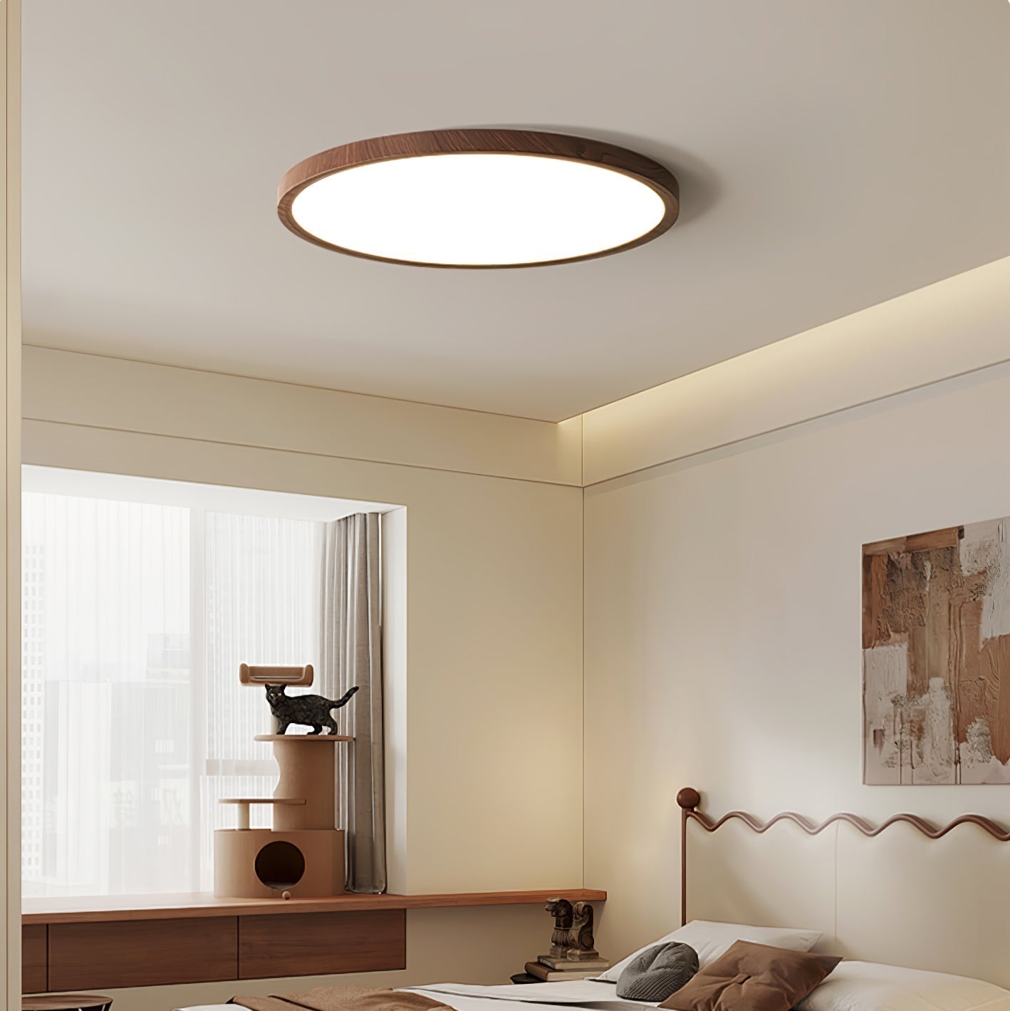 Ultrathin Round LED Flush Mount Ceiling Light Walnut Wood Effect Dimmable