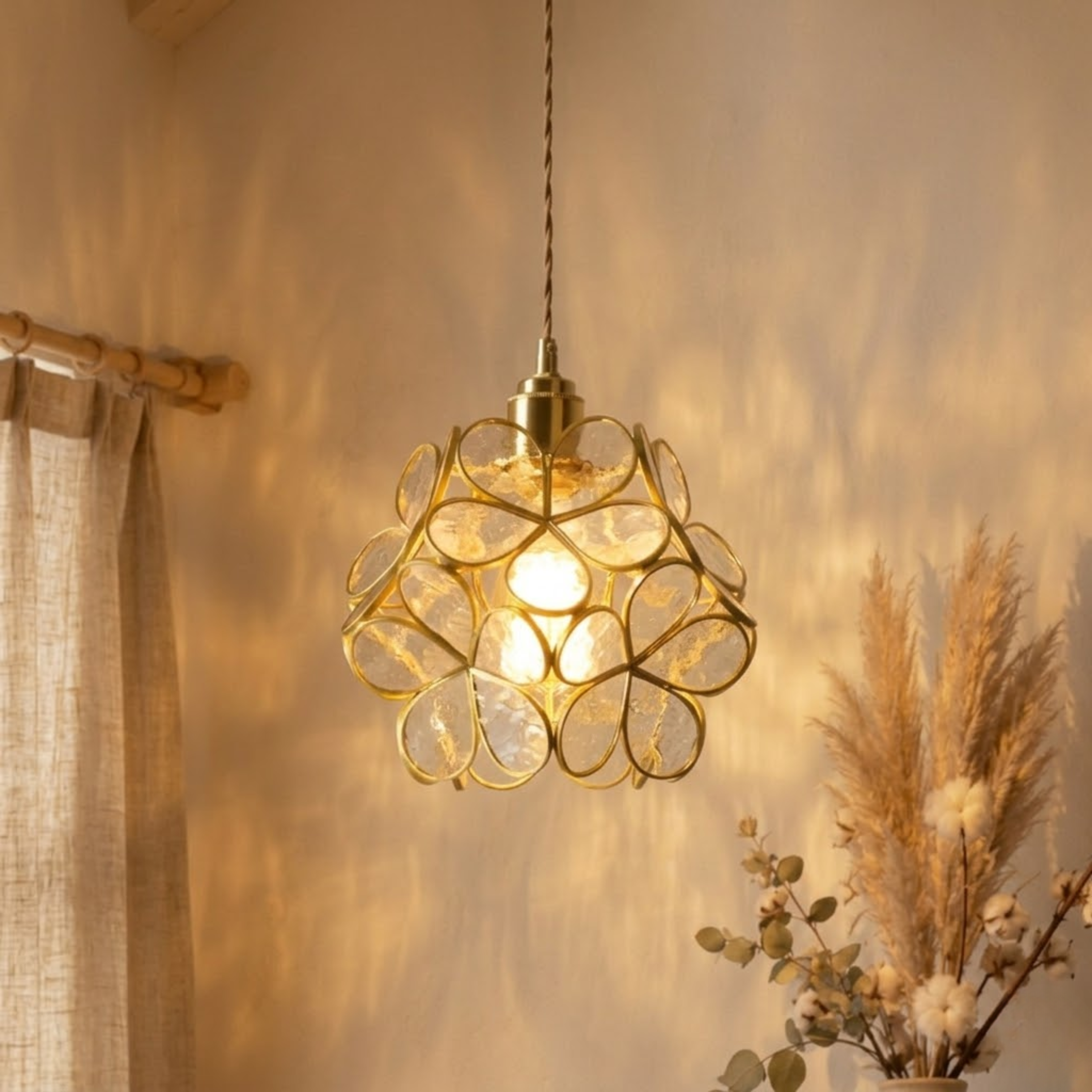 Vintage Flower Petal Tinted Glass Pendant Light
