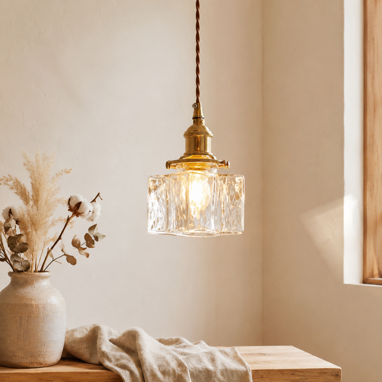 Vintage Textured Glass Pendant Light With Antique Brass Tone Fitting