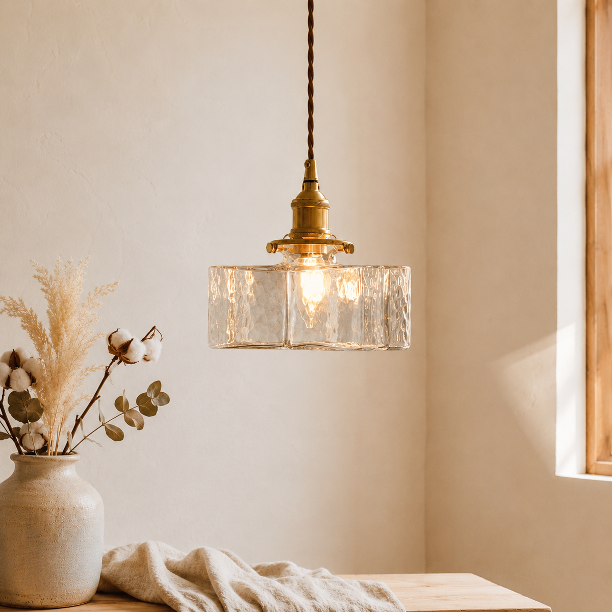 Vintage Textured Glass Pendant Light With Antique Brass Tone Fitting