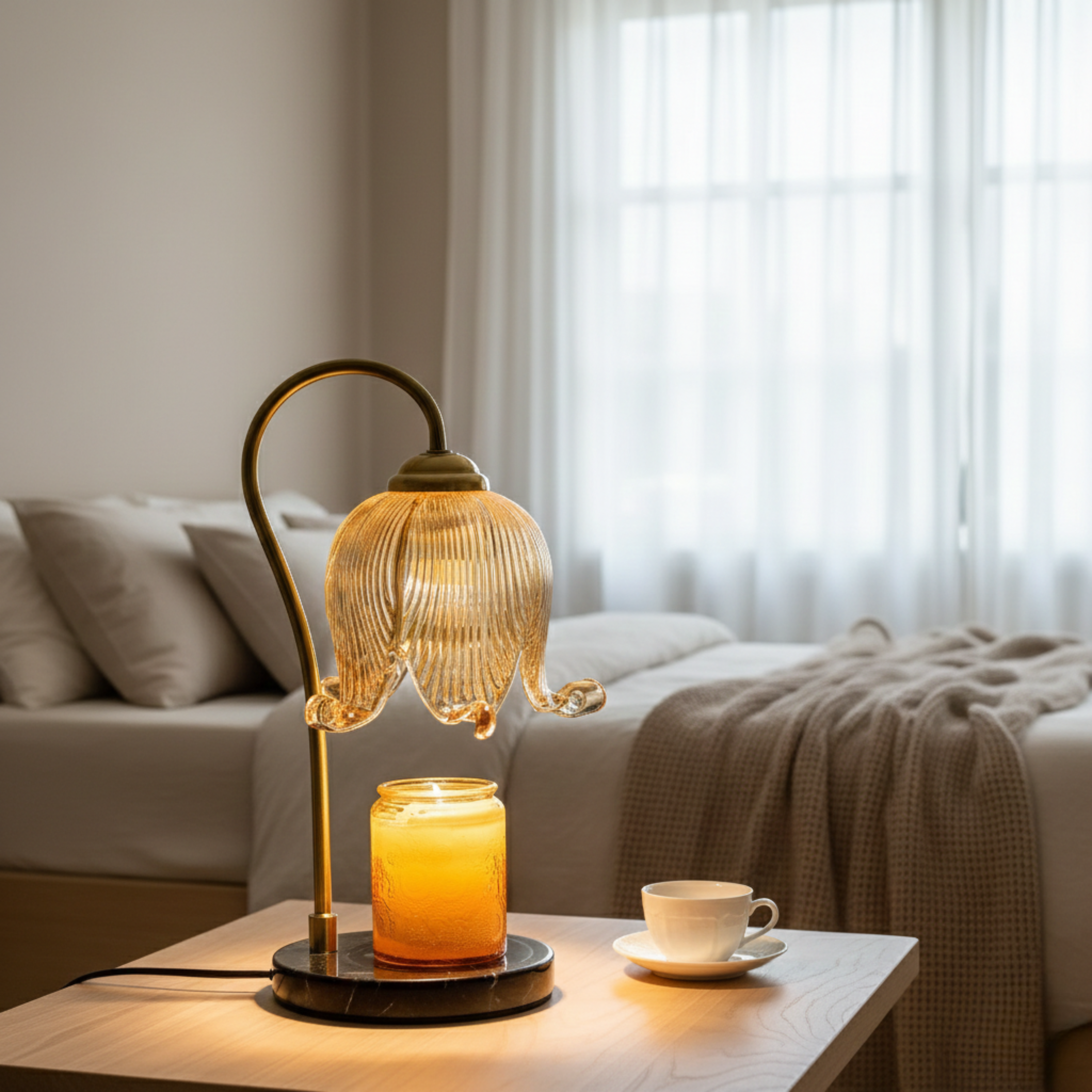 Vintage Tulip Ribbed Glass Candle Warmer Lamp Flame Free Table Lamp