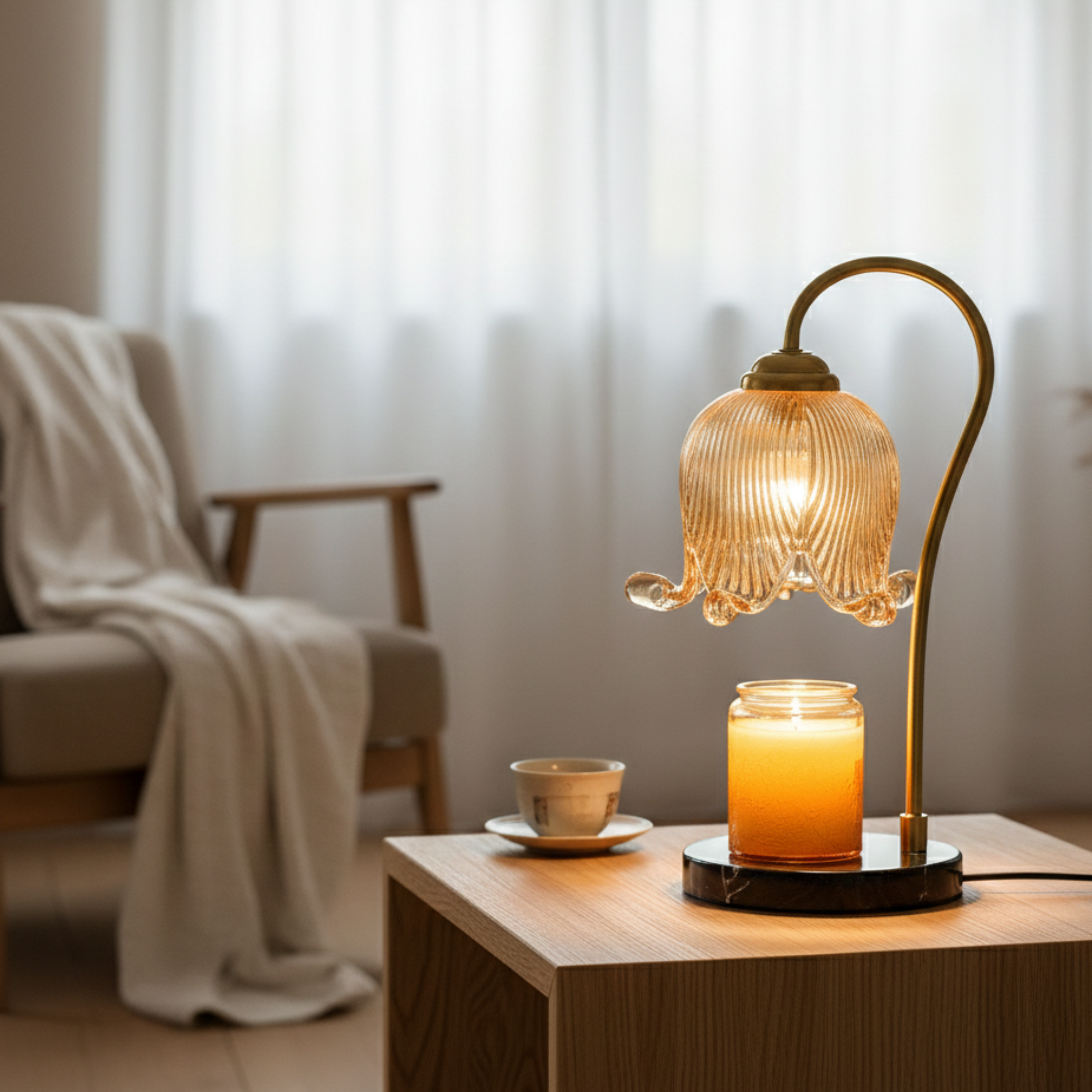Vintage Tulip Ribbed Glass Candle Warmer Lamp Flame Free Table Lamp