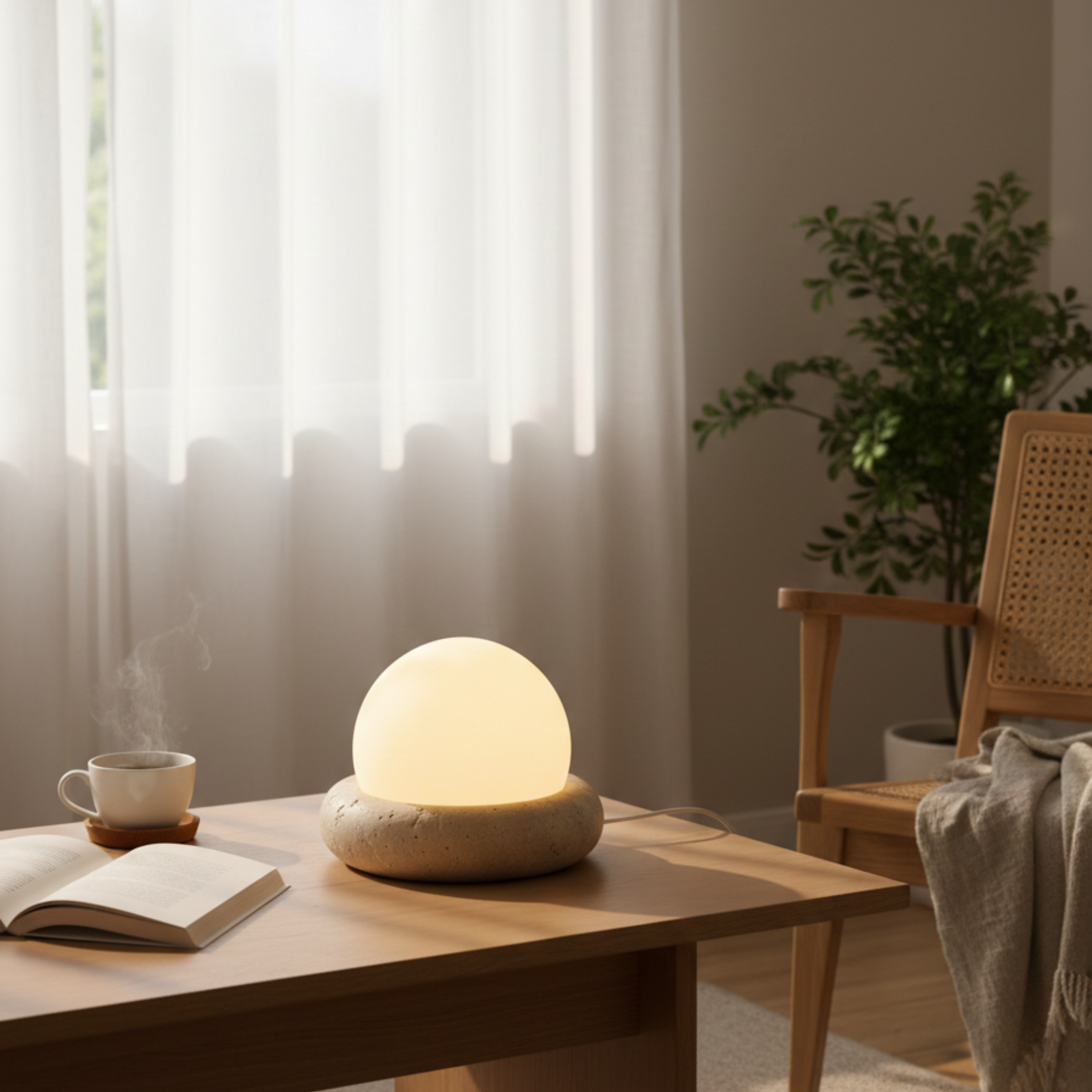 Wabi Sabi Travertine Stone Table Lamp White Glass Globe Bedside Lamp