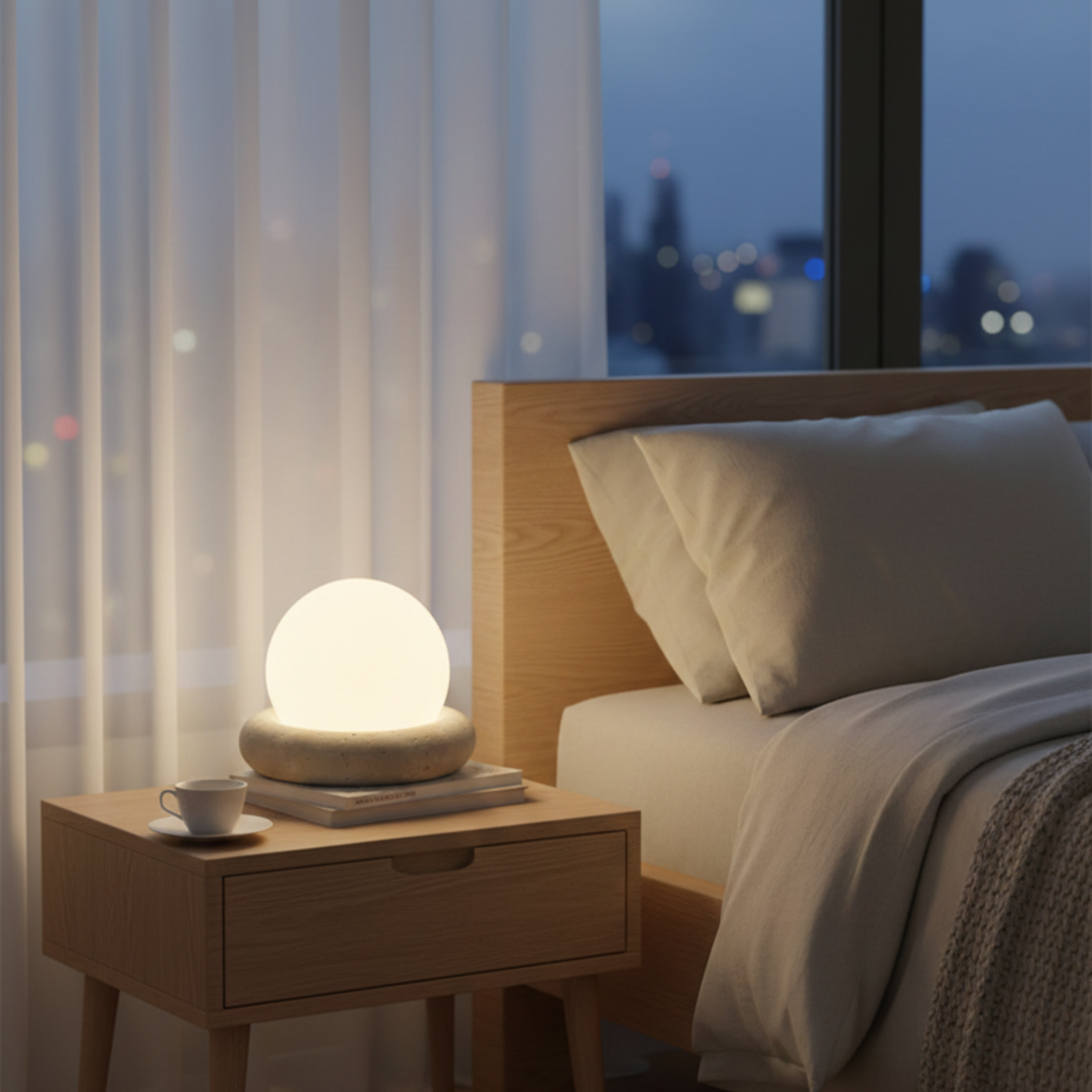 Wabi Sabi Travertine Stone Table Lamp White Glass Globe Bedside Lamp