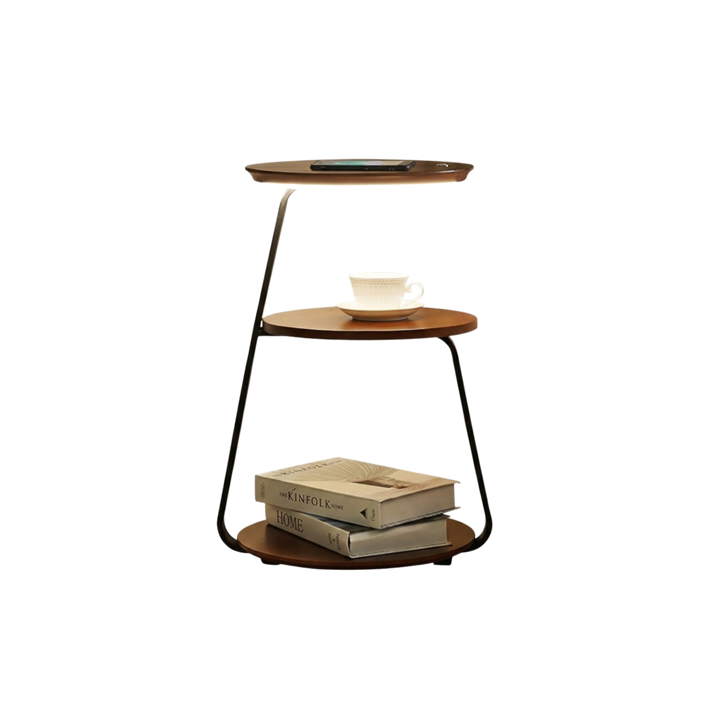 Walnut Two Tier Side Table With Integrated Light And Wireless Charging