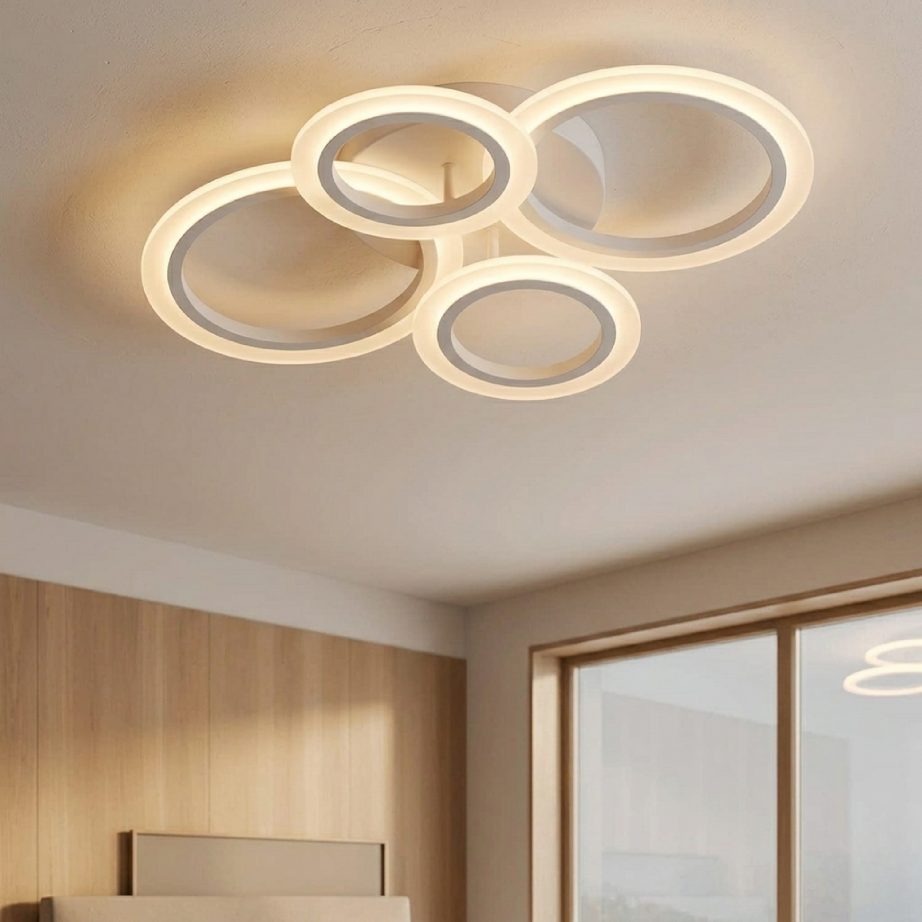White Four Ring LED Flush Mount Ceiling Light Dimmable With Remote