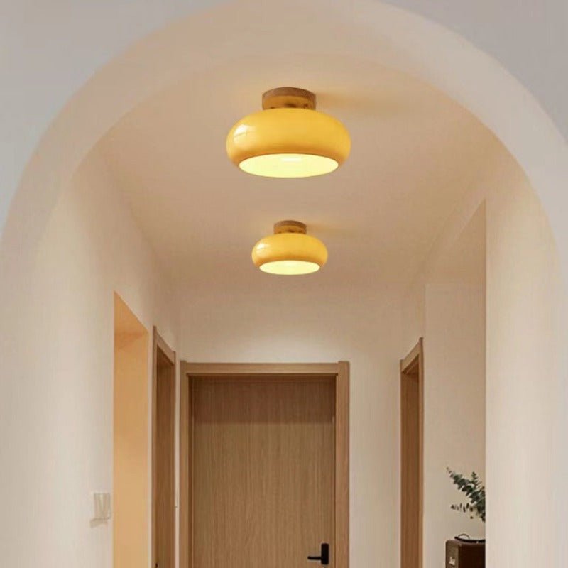 Wood and Glass Flush Mount Ceiling Light Japandi Rounded Globe Shade