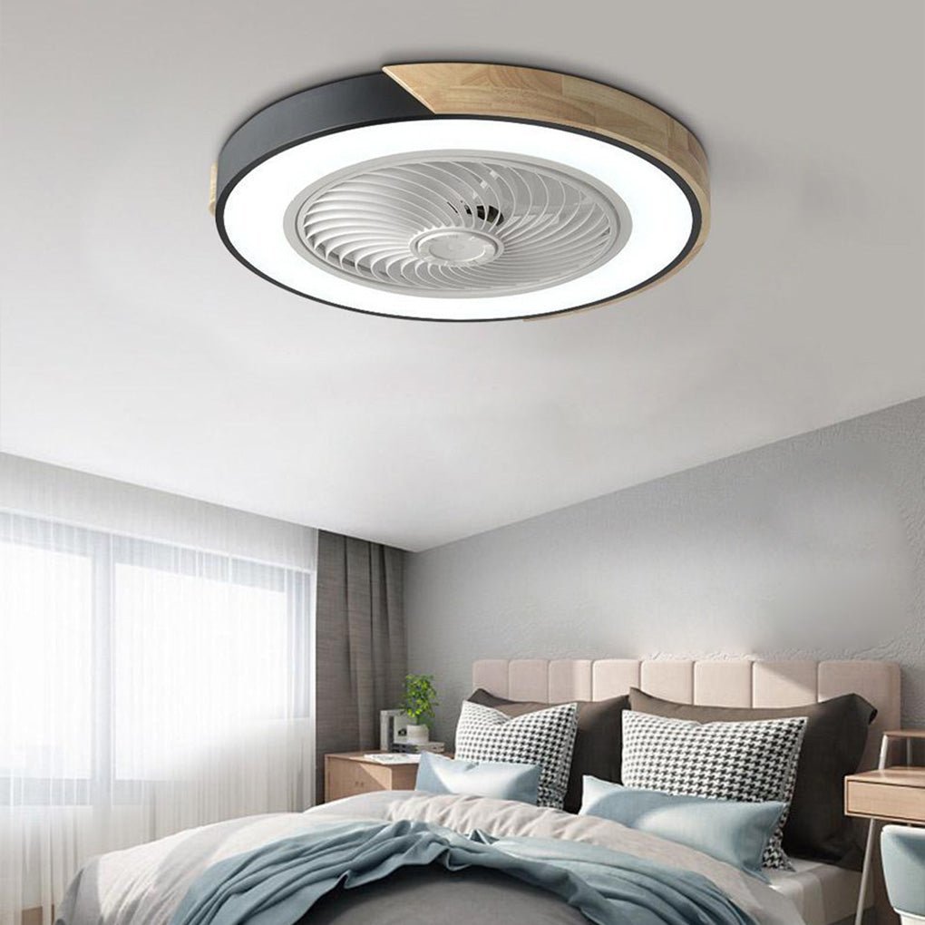 Wood Trim LED Ceiling Fan Light with Remote Control Flush Mount