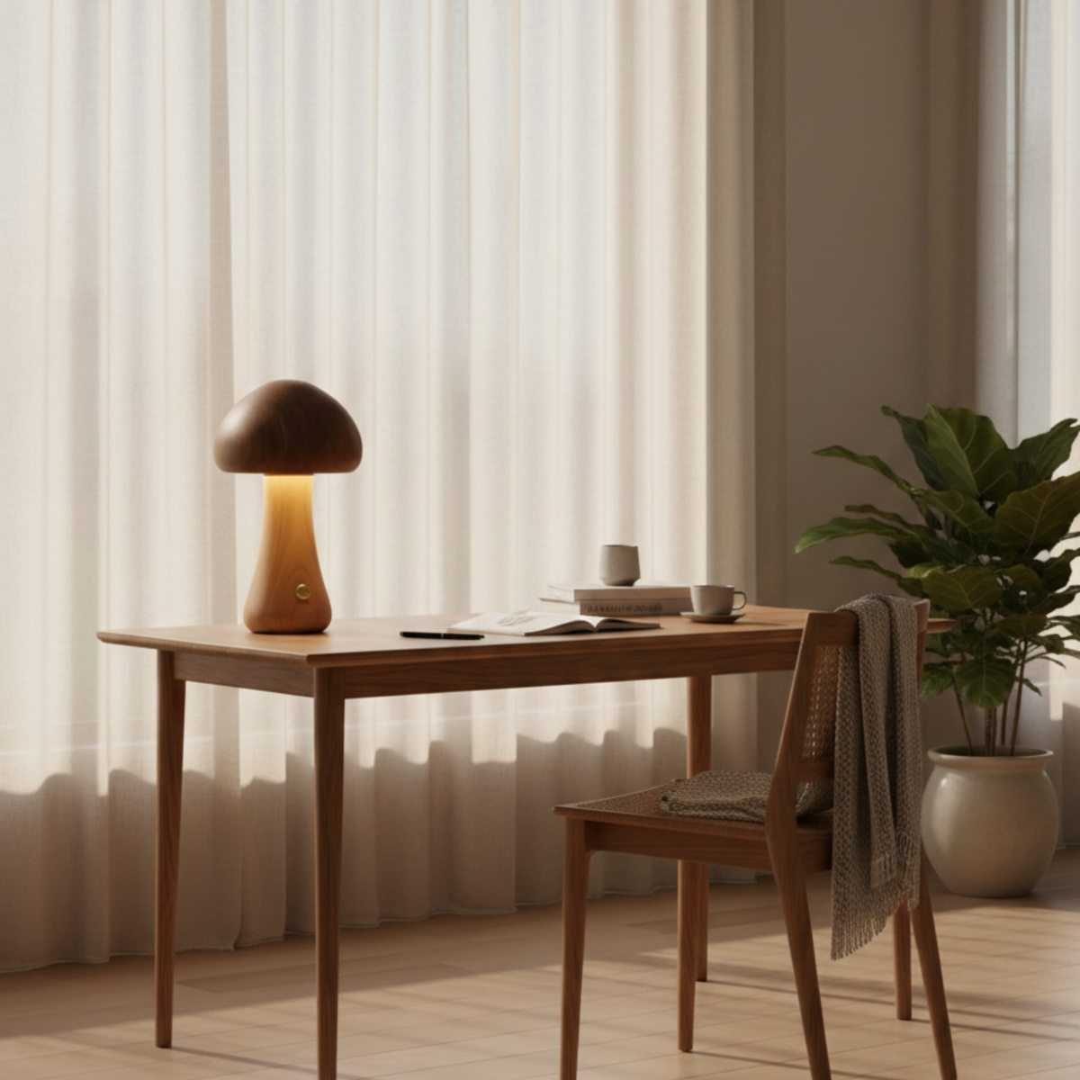 Wooden Mushroom Table Lamp Rechargeable Cordless LED Bedside Lamp