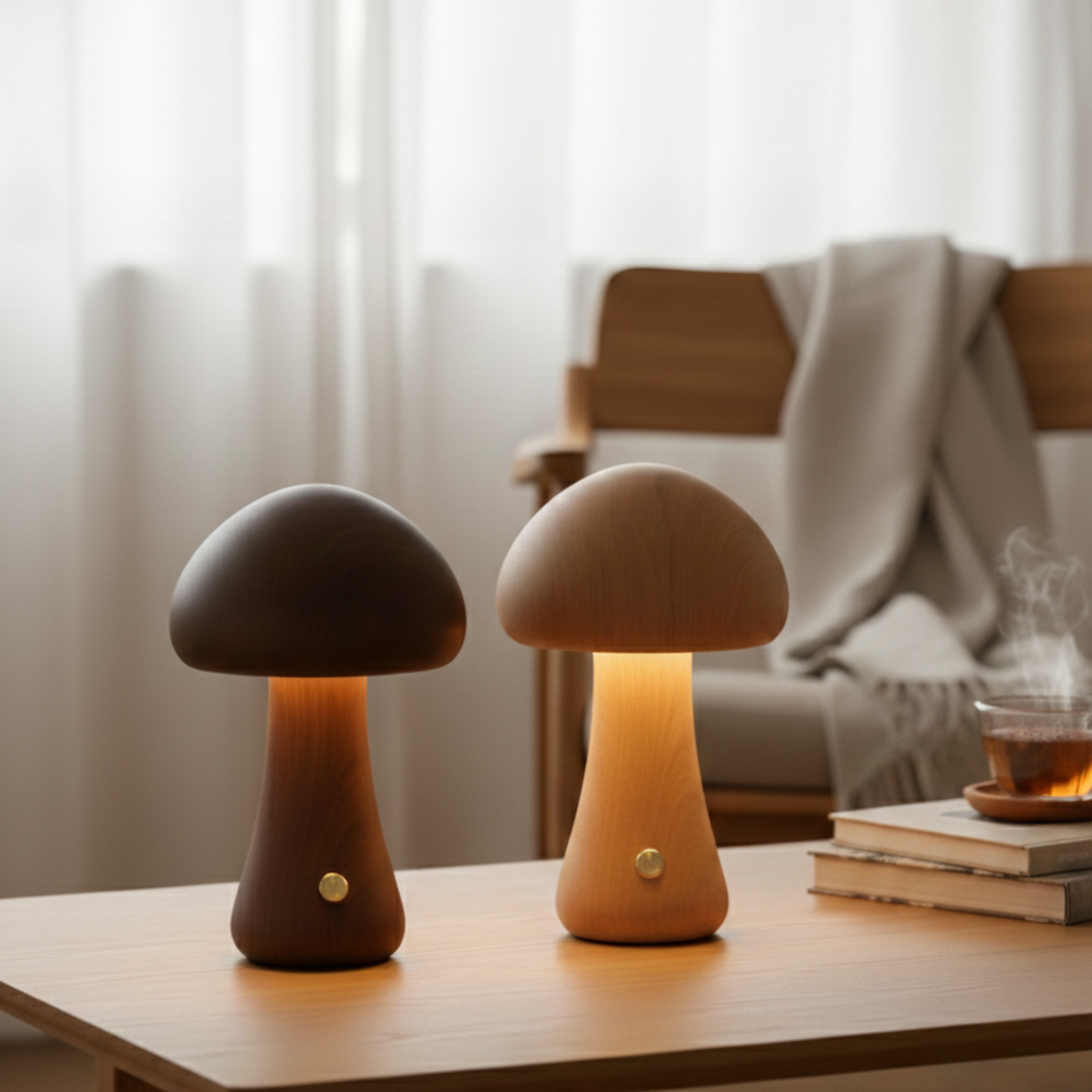 Wooden Mushroom Table Lamp Rechargeable Cordless LED Bedside Lamp