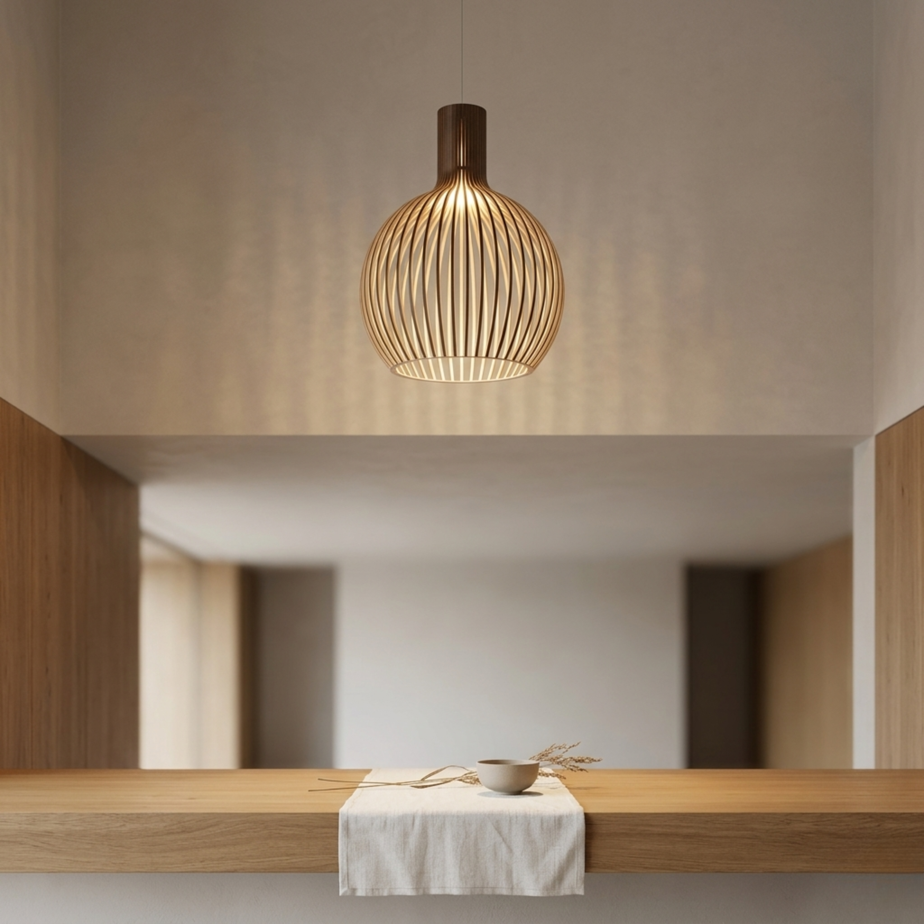Wood Ribbed E27 Pendant Ceiling Light