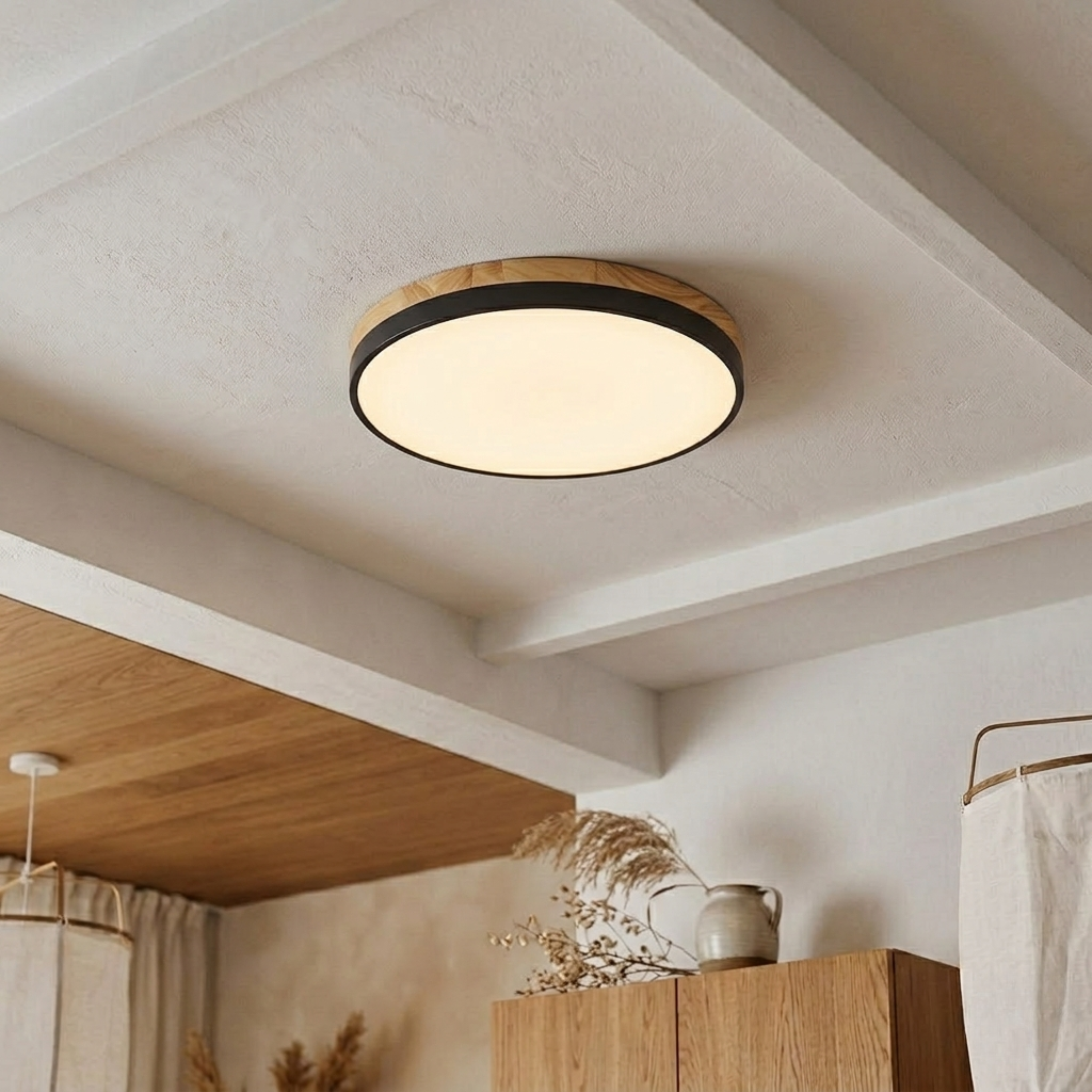 Round Wood Trim Flush Mount Ceiling Light