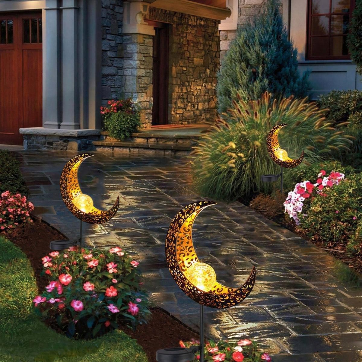 Decorative Moon Crescent Solar Pathway Light On Garden Stake