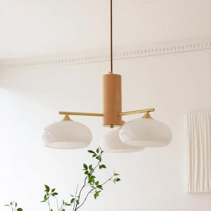 Mid Century Brass Opal Glass Dining Room Chandelier