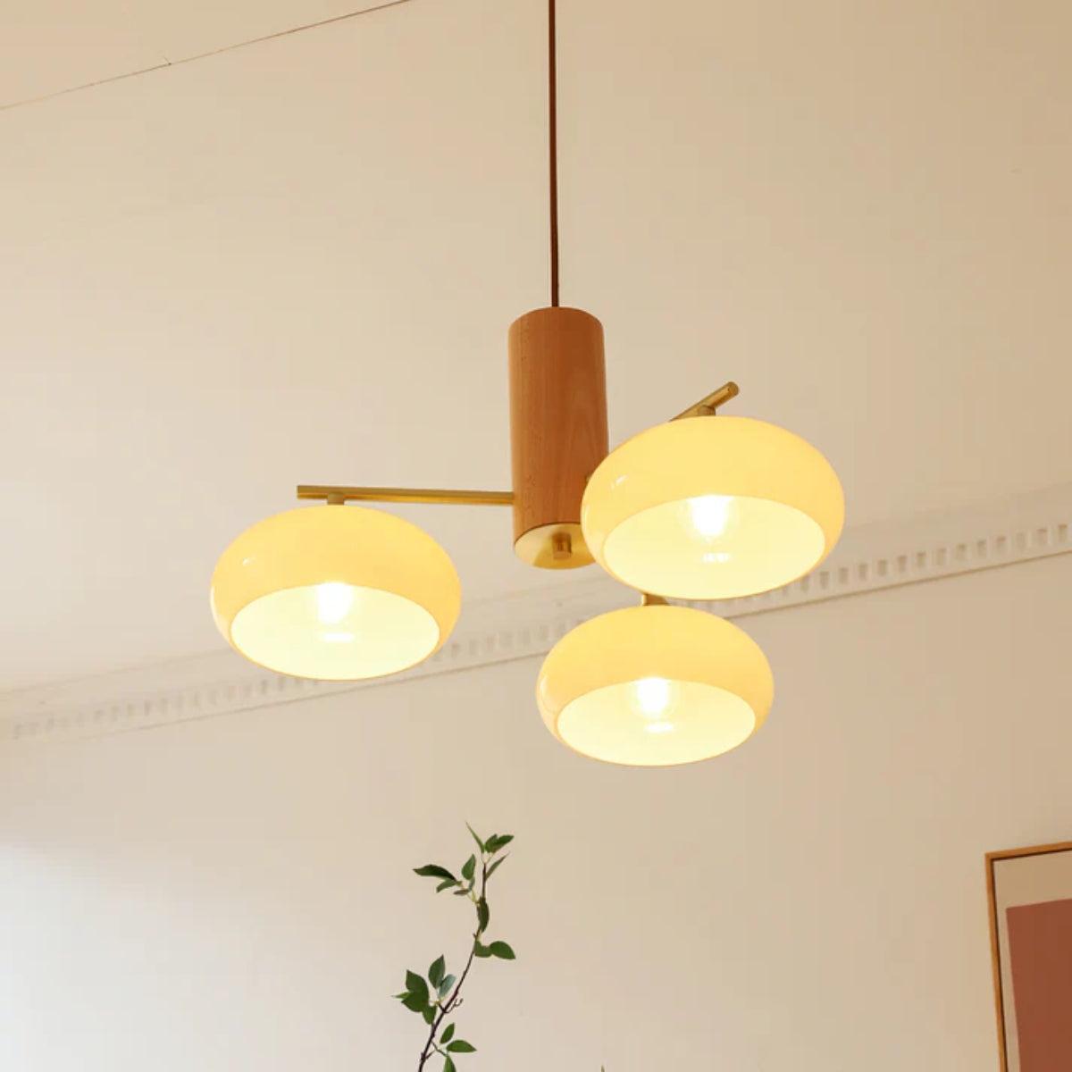Mid Century Brass Opal Glass Dining Room Chandelier