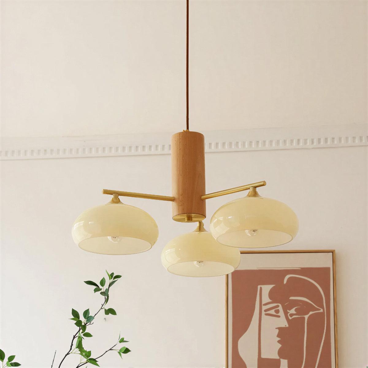 Mid Century Brass Opal Glass Dining Room Chandelier