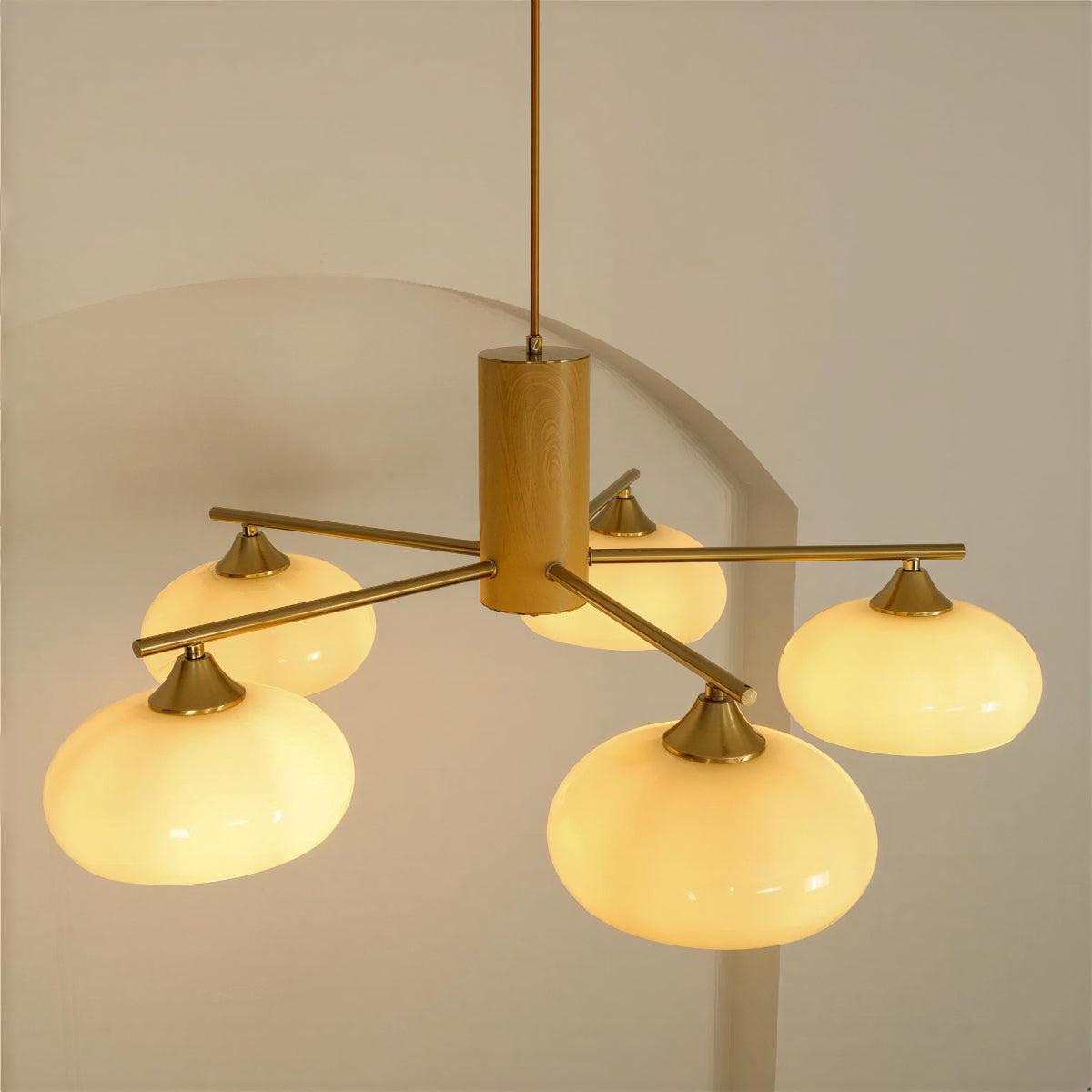 Mid Century Brass Opal Glass Dining Room Chandelier