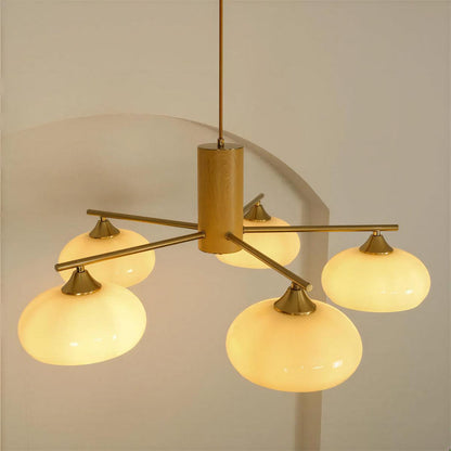 Mid Century Brass Opal Glass Dining Room Chandelier