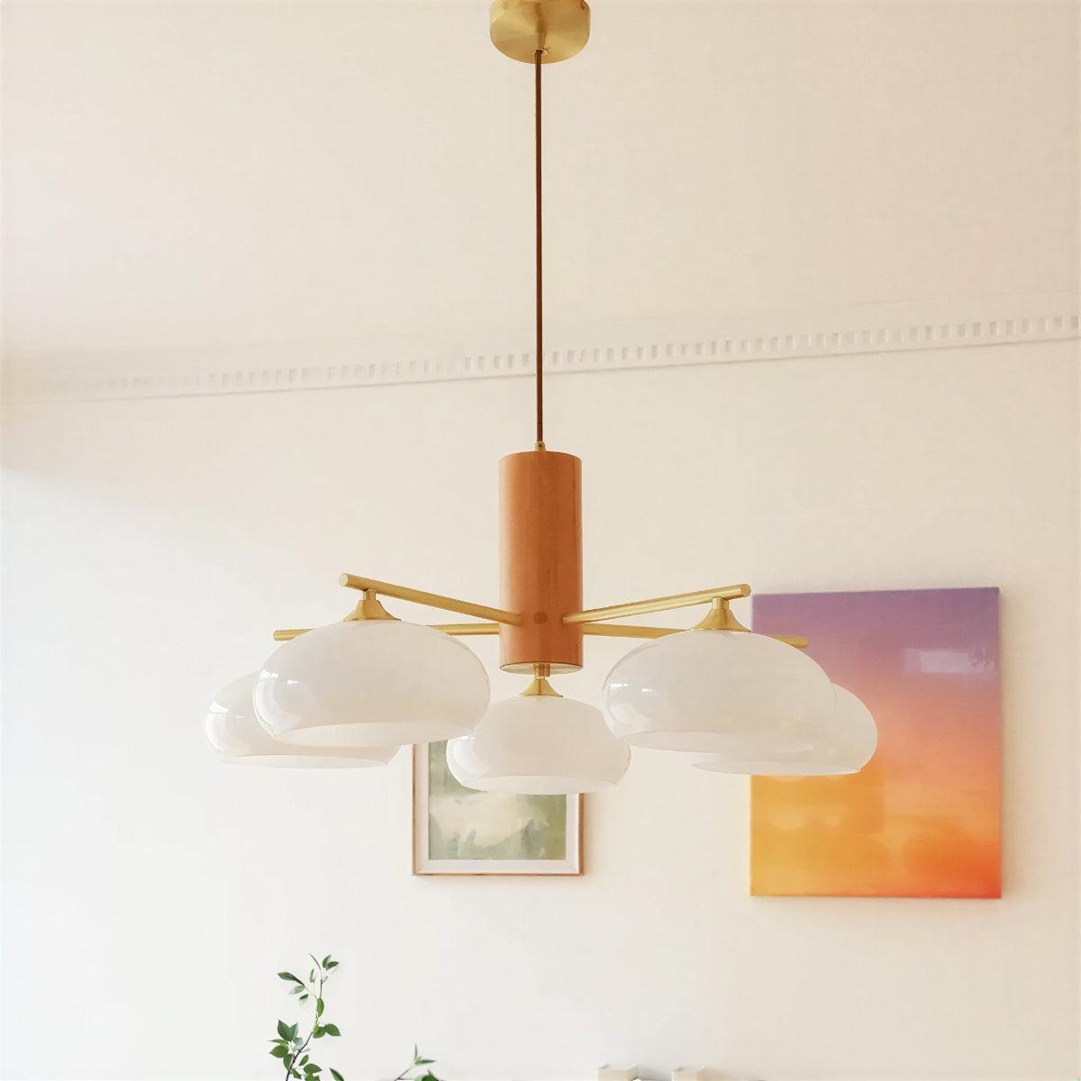 Mid Century Brass Opal Glass Dining Room Chandelier