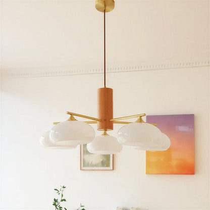 Mid Century Brass Opal Glass Dining Room Chandelier
