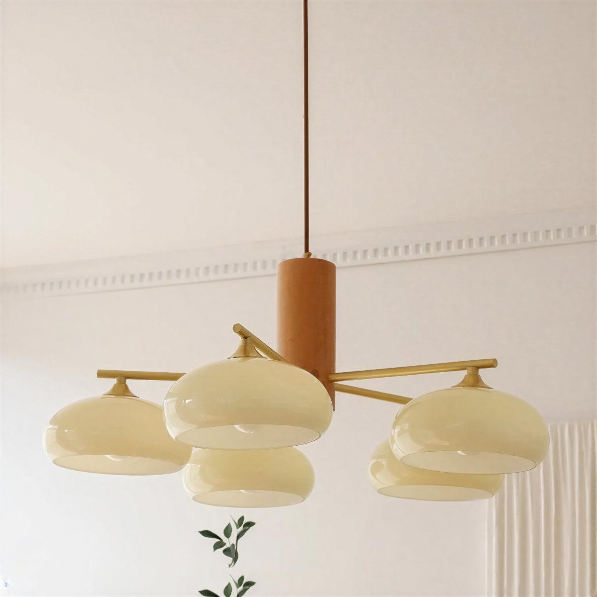Mid Century Brass Opal Glass Dining Room Chandelier