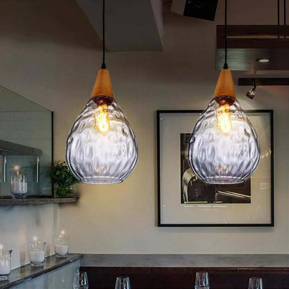 Wood Glass Teardrop Pendant Ceiling Light