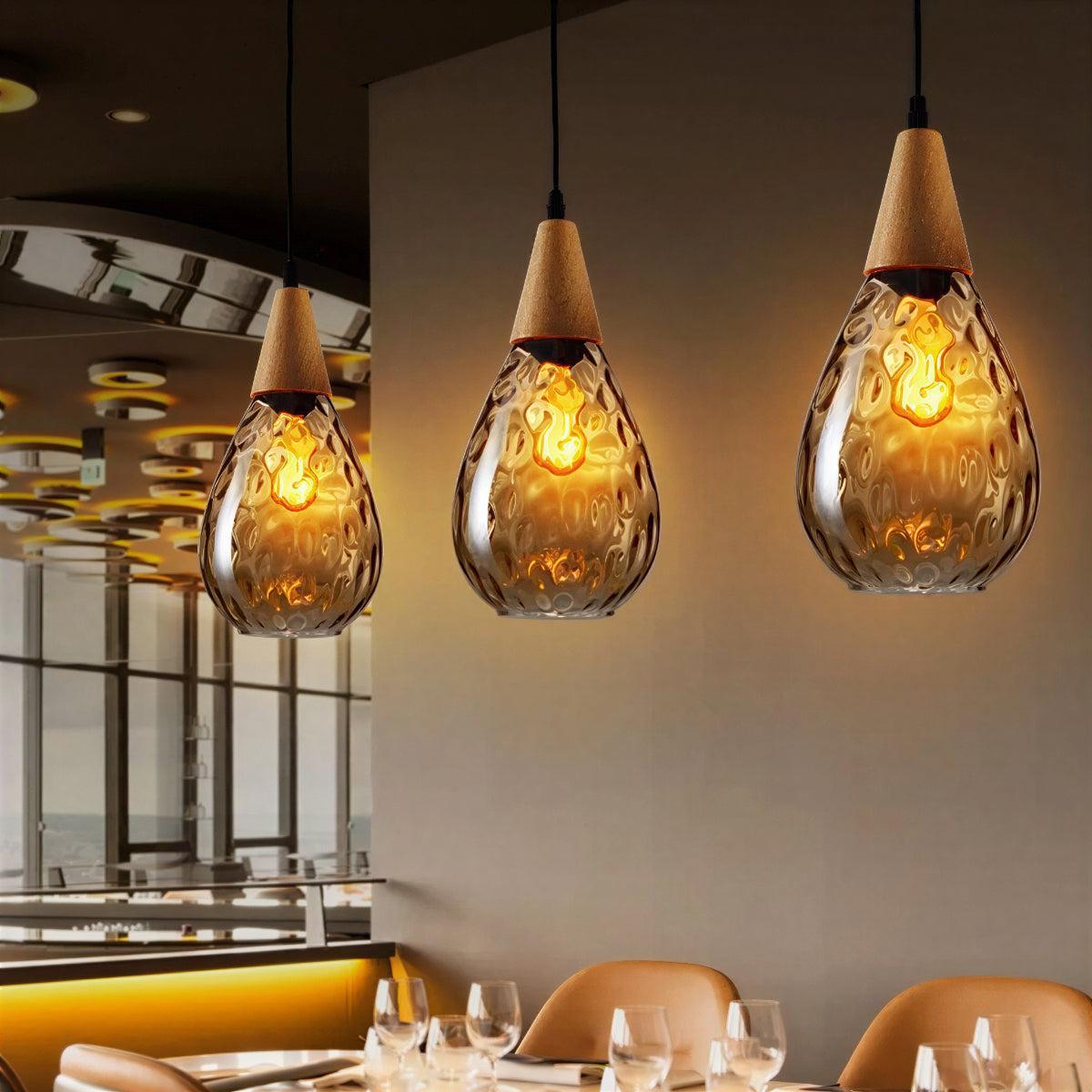 Wood Glass Teardrop Pendant Ceiling Light