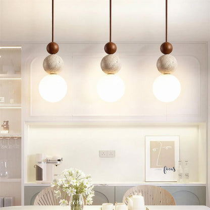 Travertine Pendant Light With Globe Shade And Stacked Spheres