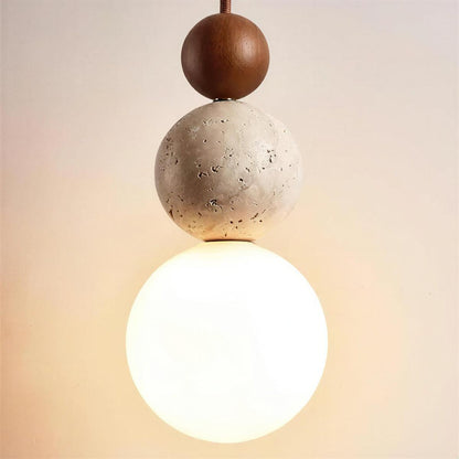 Travertine Pendant Light With Globe Shade And Stacked Spheres