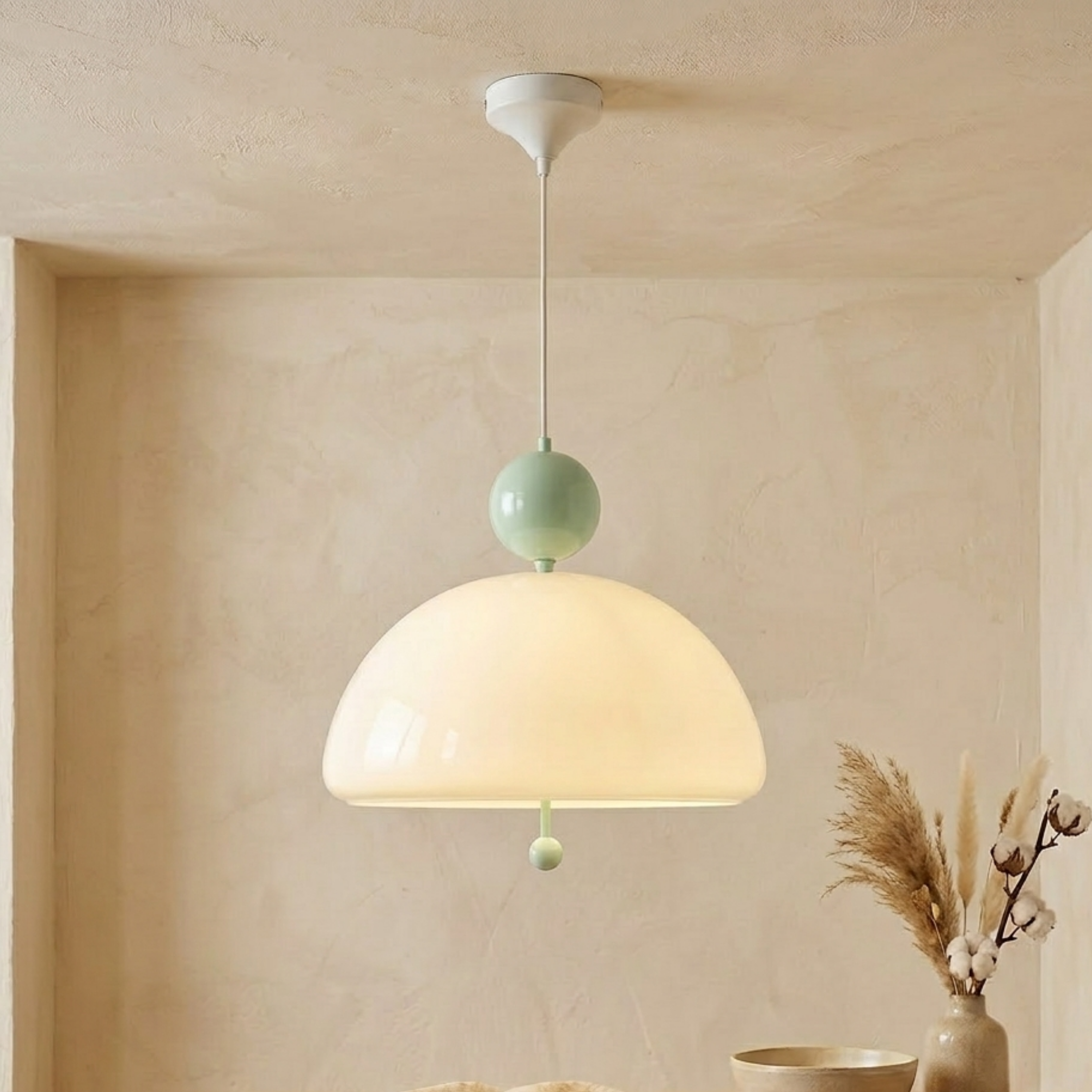 Chrome Beige Glass Dome Pendant Ceiling Light