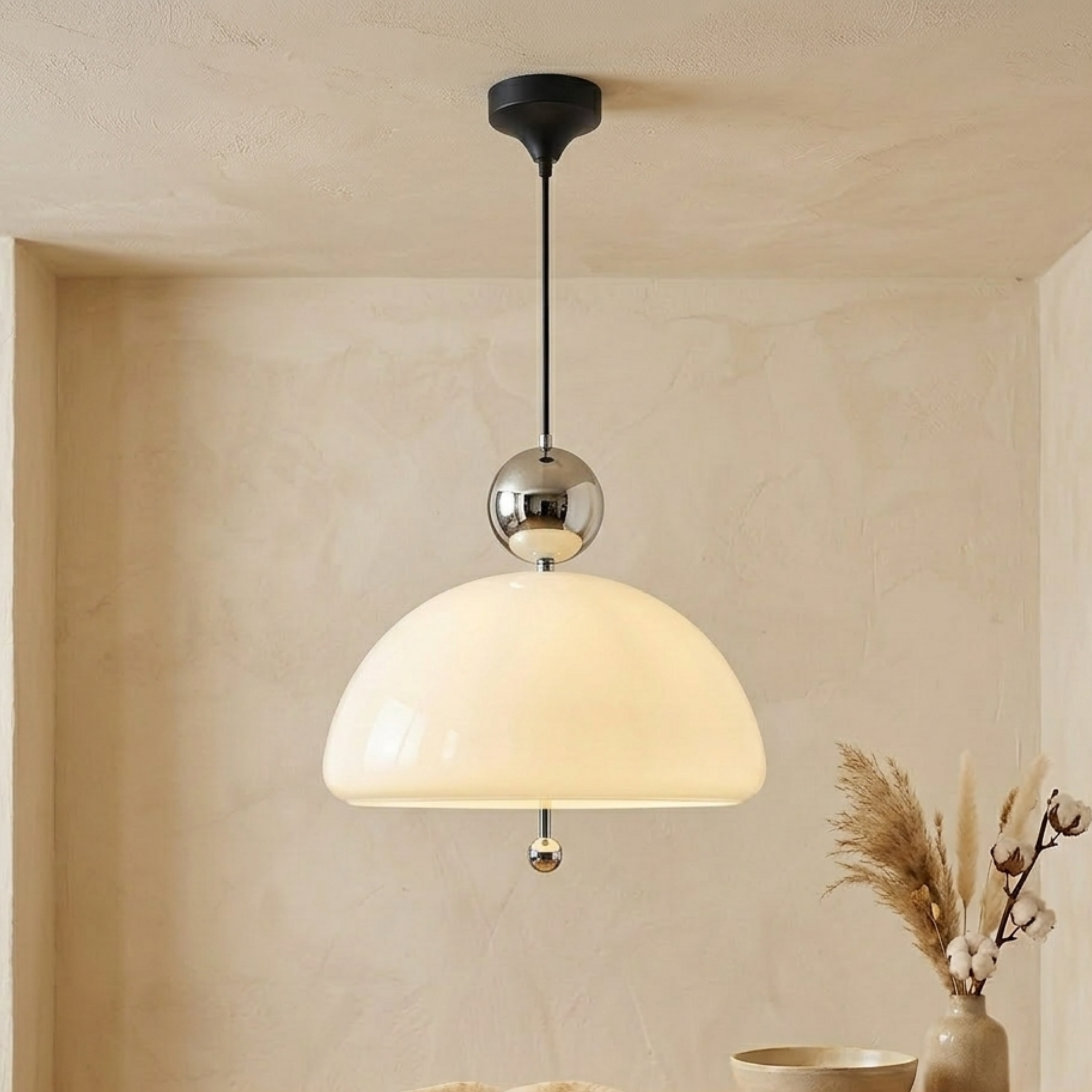 Chrome Beige Glass Dome Pendant Ceiling Light