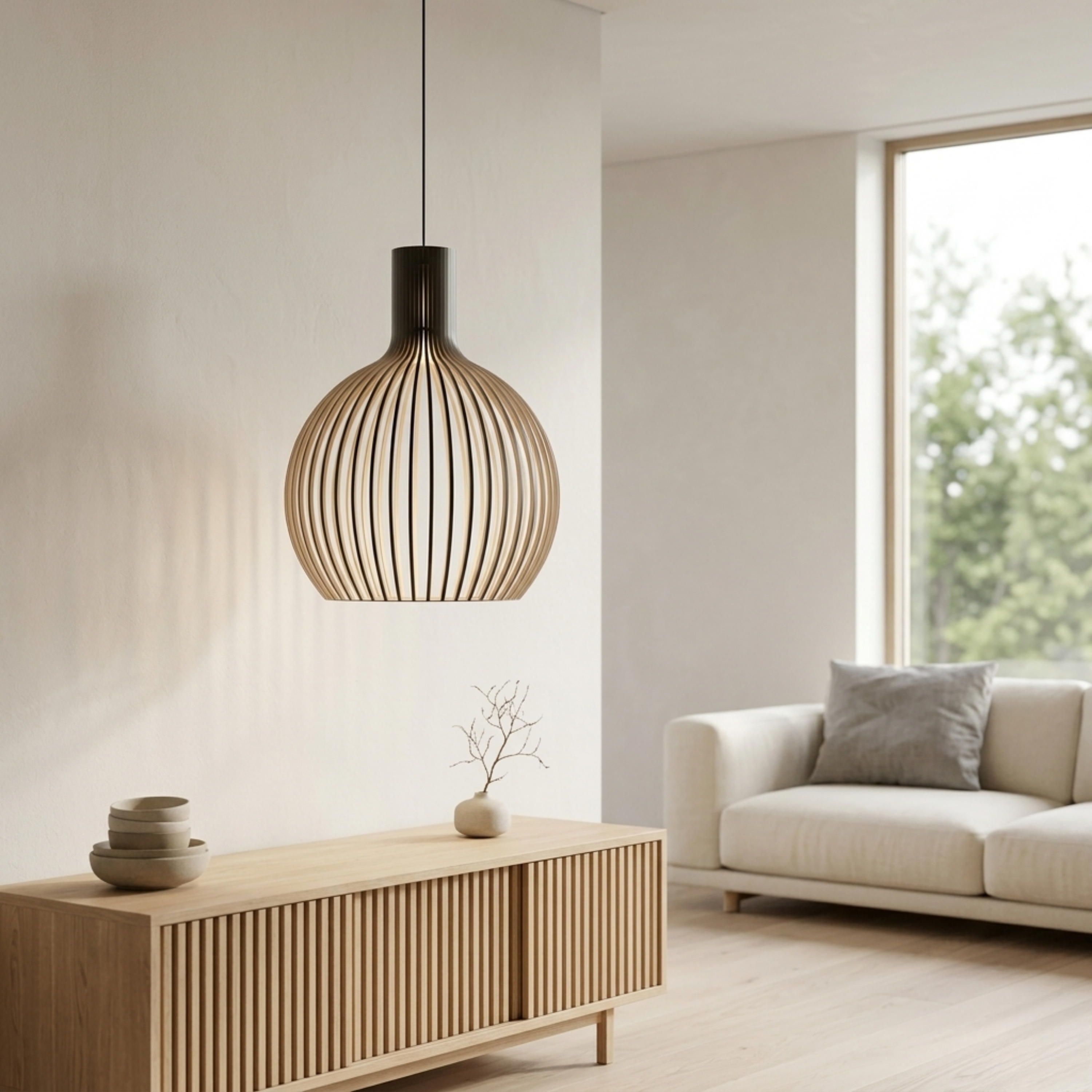 Wood Ribbed E27 Pendant Ceiling Light