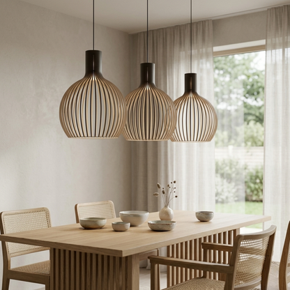 Wood Ribbed E27 Pendant Ceiling Light
